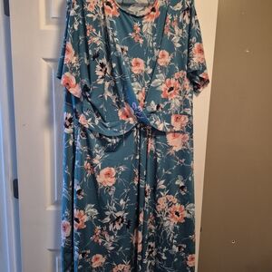 Roaman's Teal Dress with Floral Design